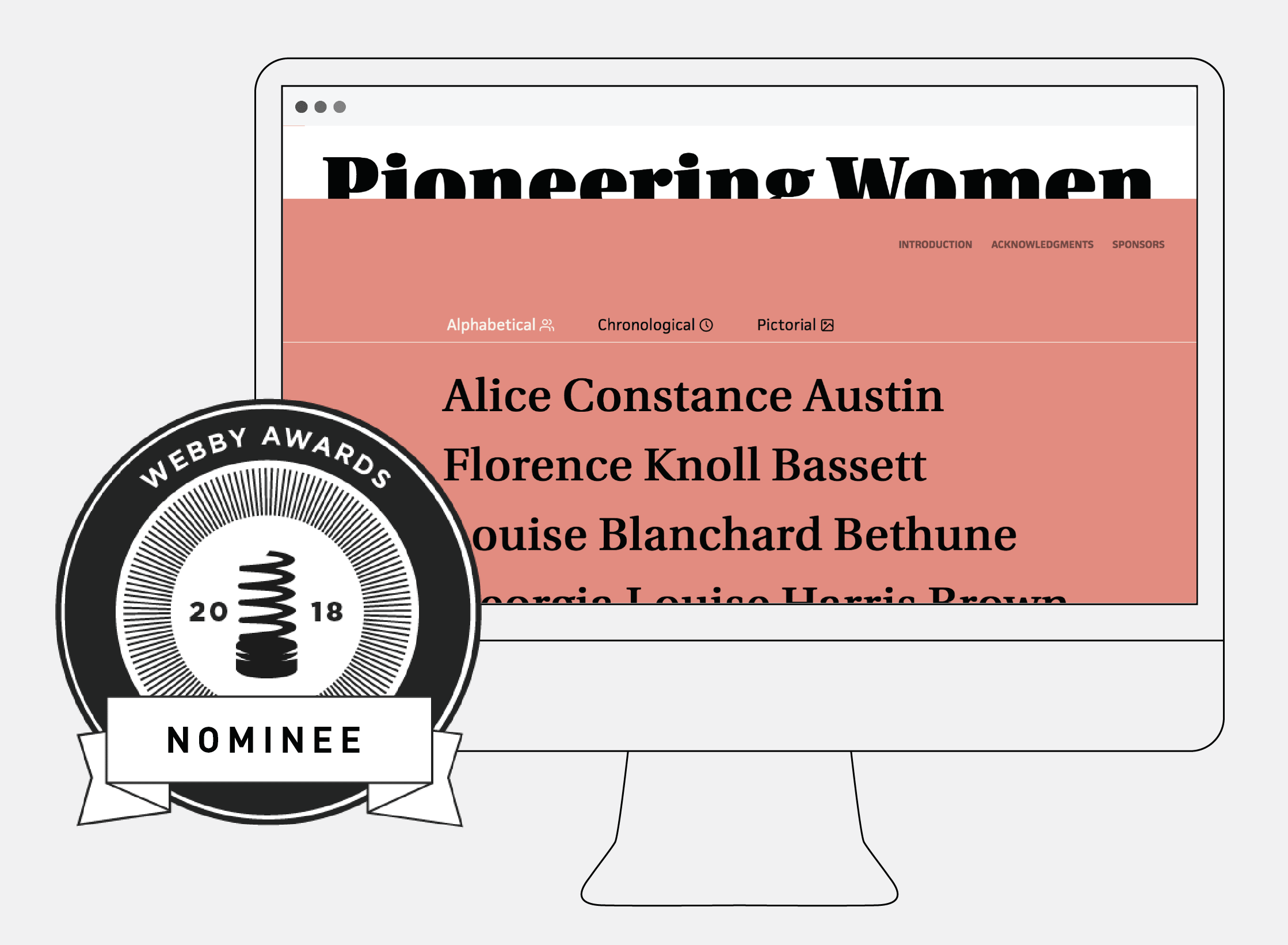 Webby Awards nominee banner next to screenshot of Pioneering Women of American Architecture Website